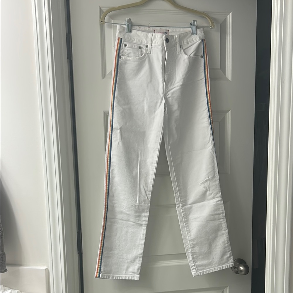 White Sundry jeans with rainbow stripe and embroidery